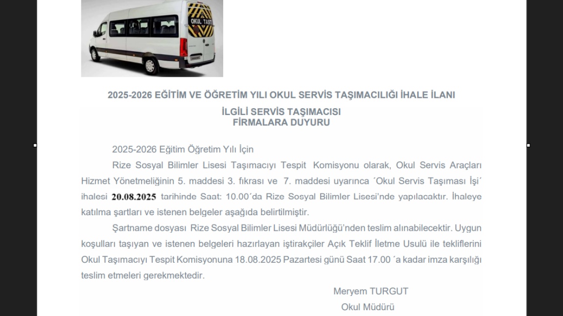 Okul Servis araçlarının Çalıştırılması İçin İhale İlanı
